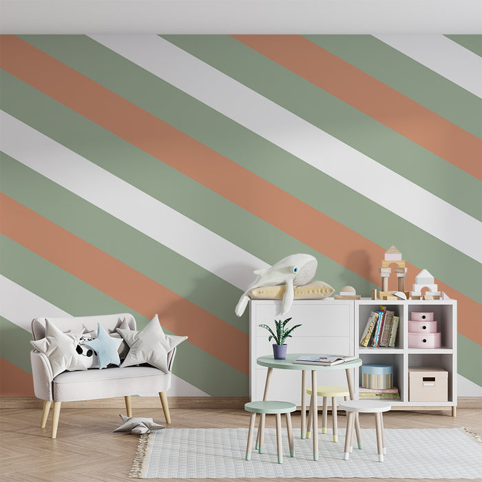 Papel de parede para quarto de bebé | Listras diagonais em verde e terracota