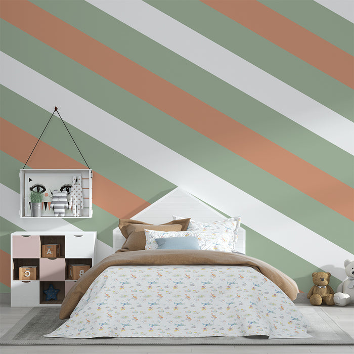 Papel de parede para quarto de bebé | Listras diagonais em verde e terracota