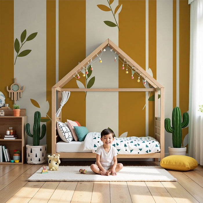 Papier peint chambre bébé | Rayures dorées et feuillages délicats