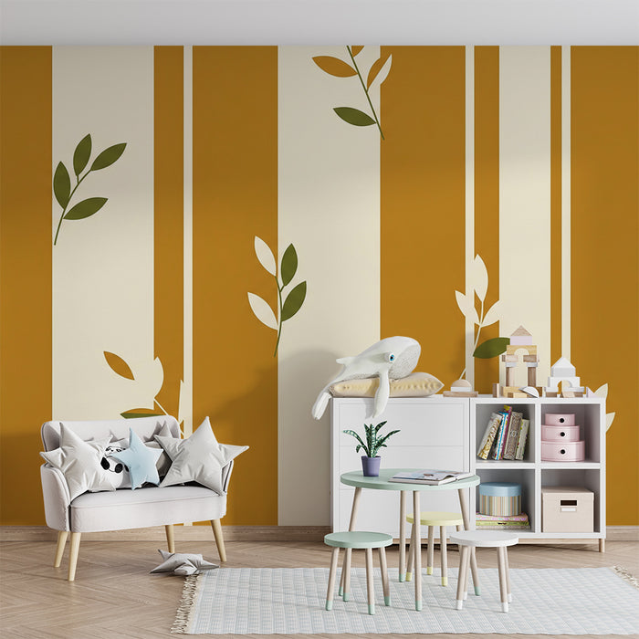 Papier peint chambre bébé | Rayures dorées et feuillages délicats