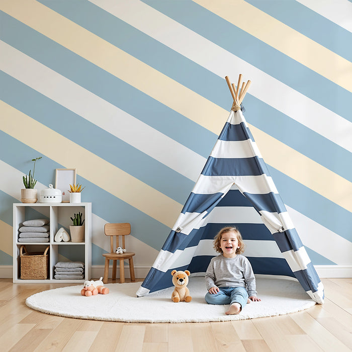 Papier peint chambre bébé | Rayures douces en bleu et crème