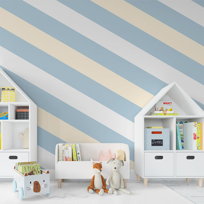 Papier peint chambre bébé | Rayures douces en bleu et crème