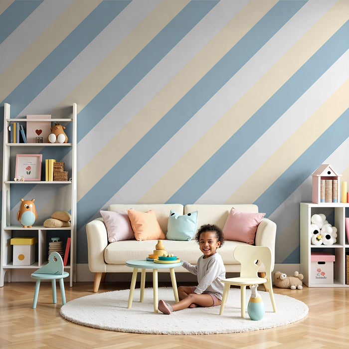 Carta da parati per cameretta baby | Righe morbide in blu e crema per un'atmosfera rilassante
