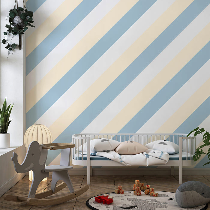 Carta da parati per cameretta baby | Righe morbide in blu e crema per un'atmosfera rilassante