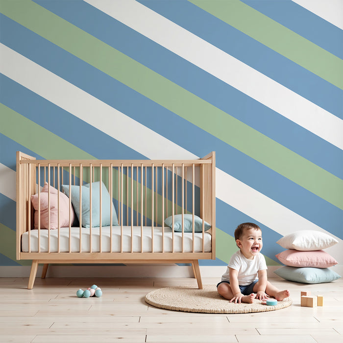 Papier peint chambre bébé | Rayures douces en bleu et vert pastel