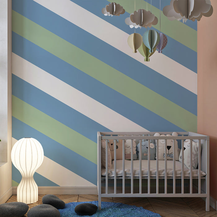 Papier peint chambre bébé | Rayures douces en bleu et vert pastel