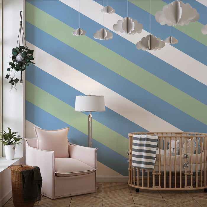 Papier peint chambre bébé | Rayures douces en bleu et vert pastel