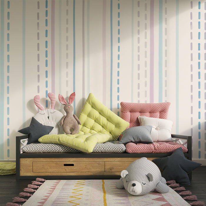 Papel de parede quarto bebê | Listras suaves em azul e violeta em fundo branco