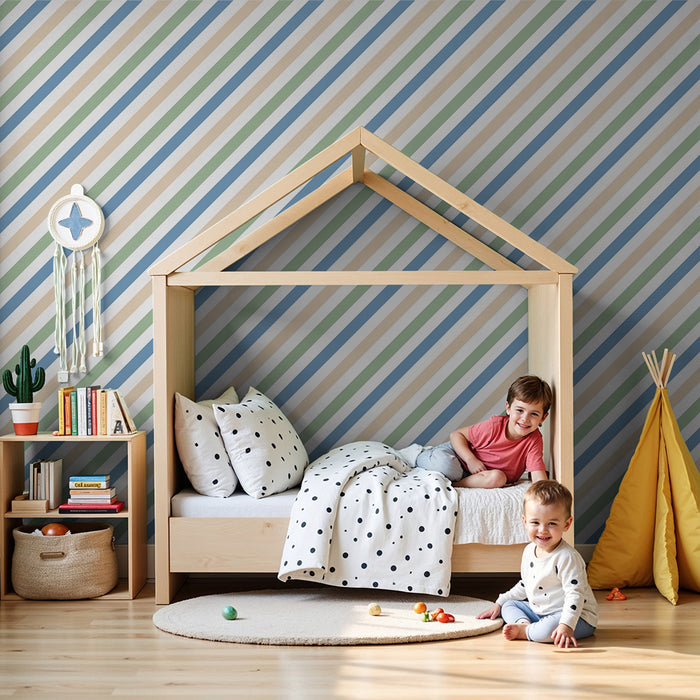 Papier peint chambre bébé | Rayures douces en bleu, vert et beige
