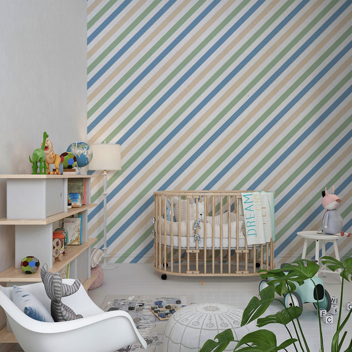 Papier peint chambre bébé | Rayures douces en bleu, vert et beige