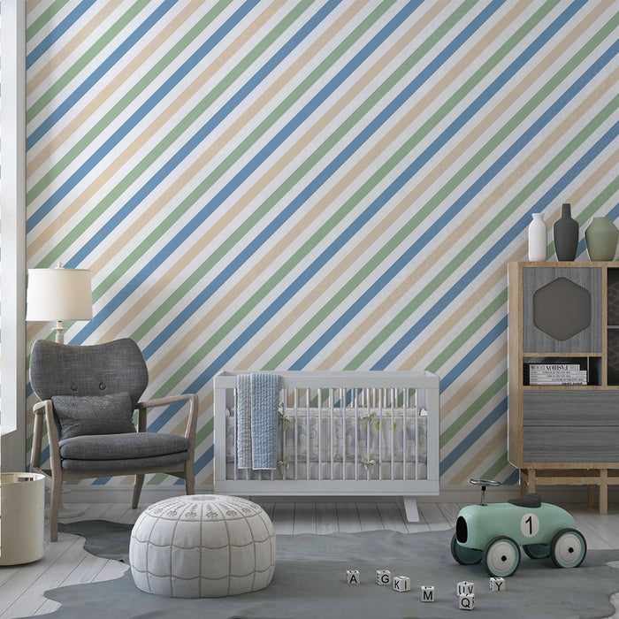 Papier peint chambre bébé | Rayures douces en bleu, vert et beige