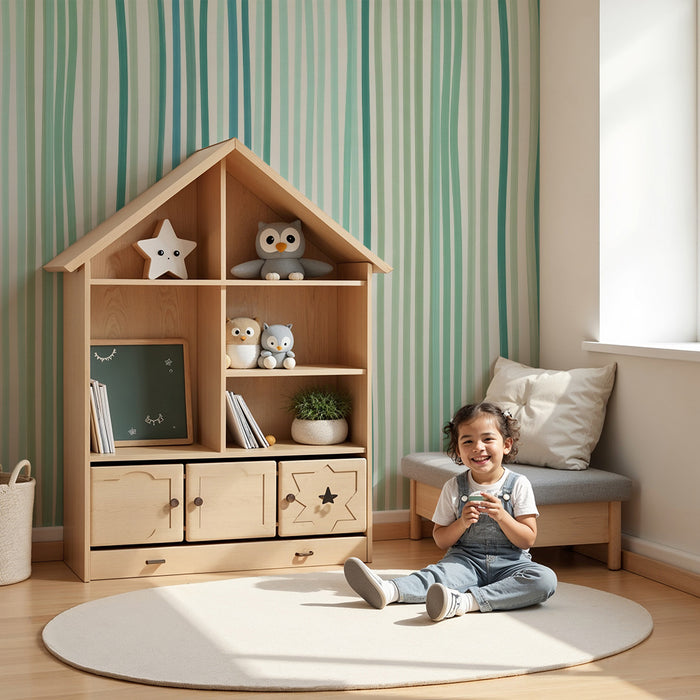 Papier peint chambre bébé | Rayures douces en nuances de vert et bleu