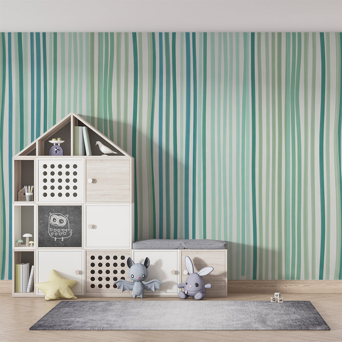 Papier peint chambre bébé | Rayures douces en nuances de vert et bleu