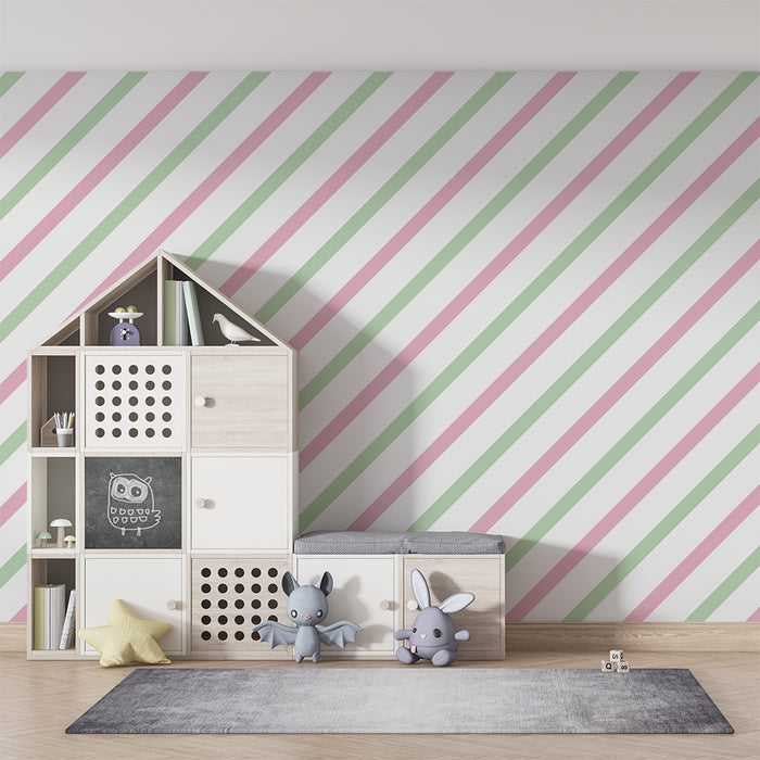 Papier peint chambre bébé | Rayures douces en rose et vert pastel