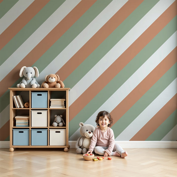 Papel de parede para quarto de bebé | Listras suaves em verde e terracota