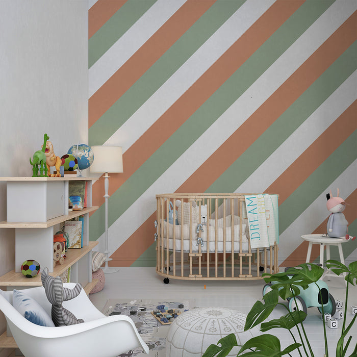 Papel de parede para quarto de bebé | Listras suaves em verde e terracota