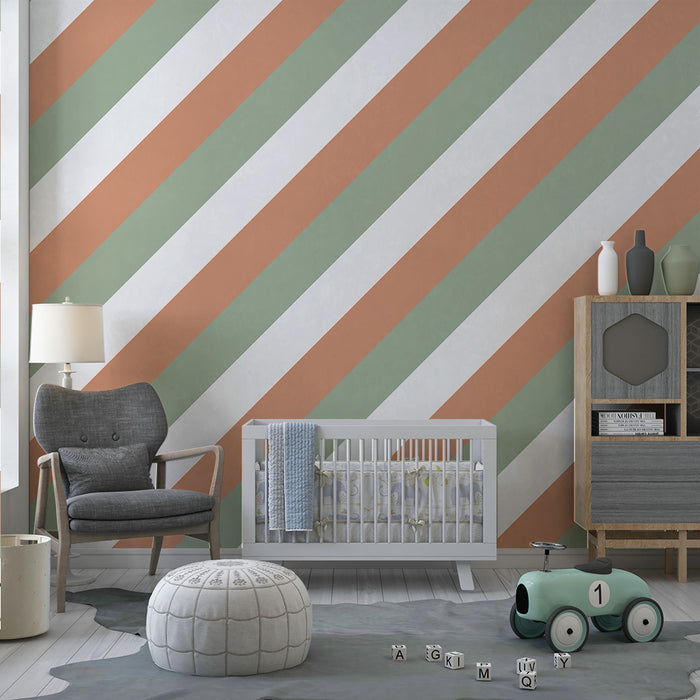 Papel de parede para quarto de bebé | Listras suaves em verde e terracota