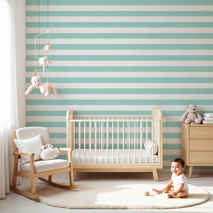 Papier peint chambre bébé | Rayures douces en vert menthe et blanc