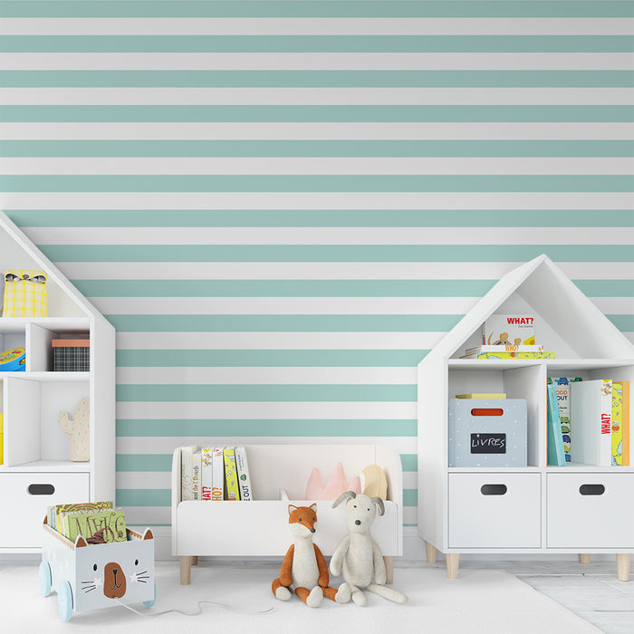 Papier peint chambre bébé | Rayures douces en vert menthe et blanc