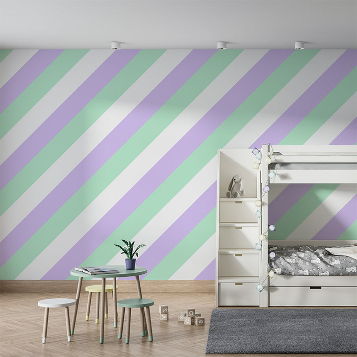 Papier peint chambre bébé | Rayures douces en vert menthe et violet pastel