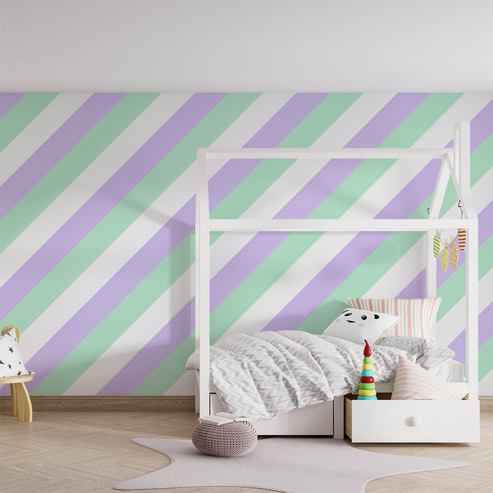 Papier peint chambre bébé | Rayures douces en vert menthe et violet pastel