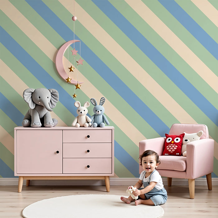 Papier peint chambre bébé | Rayures douces en vert pastel et bleu