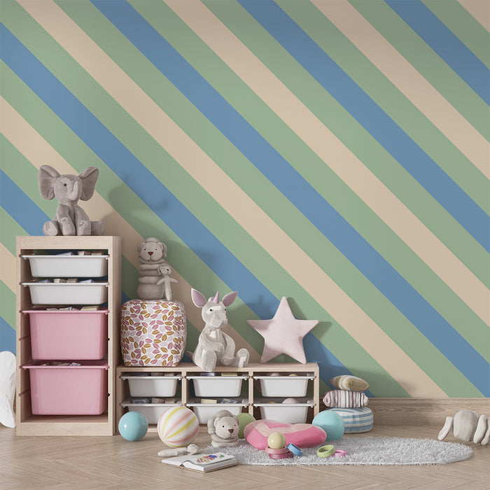 Papier peint chambre bébé | Rayures douces en vert pastel et bleu
