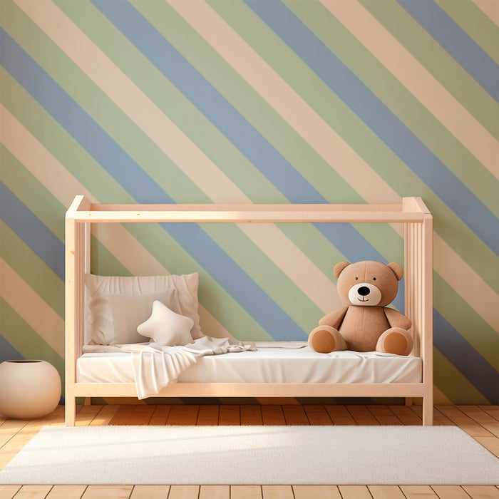 Papier peint chambre bébé | Rayures douces en vert pastel et bleu