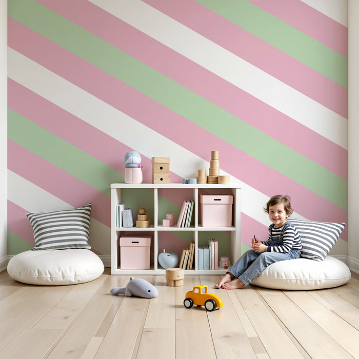 Papel de parede para quarto de bebé | Listras suaves em verde pastel e rosa