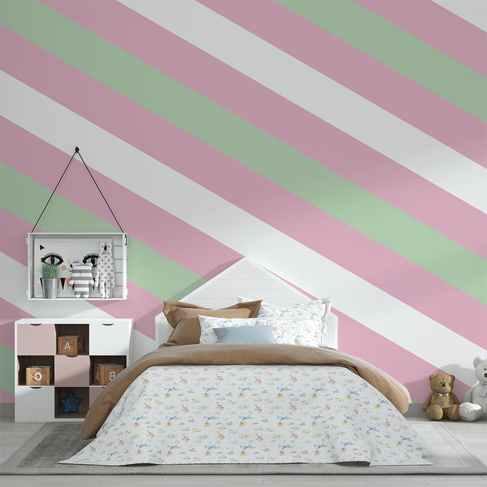 Papel de parede para quarto de bebé | Listras suaves em verde pastel e rosa