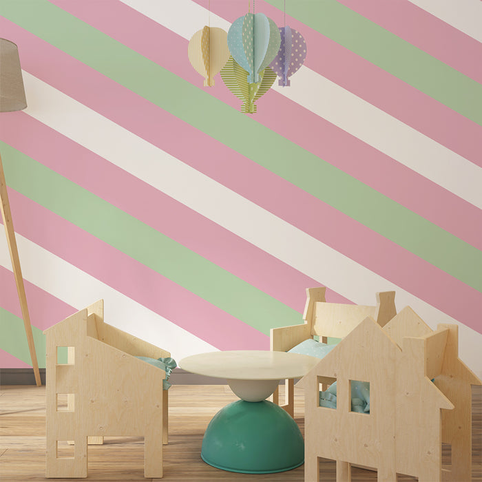 Papel de parede para quarto de bebé | Listras suaves em verde pastel e rosa