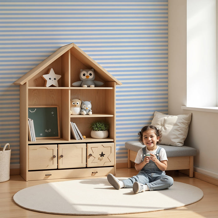 Papel de parede quarto bebê | Listras horizontais em azul claro e branco