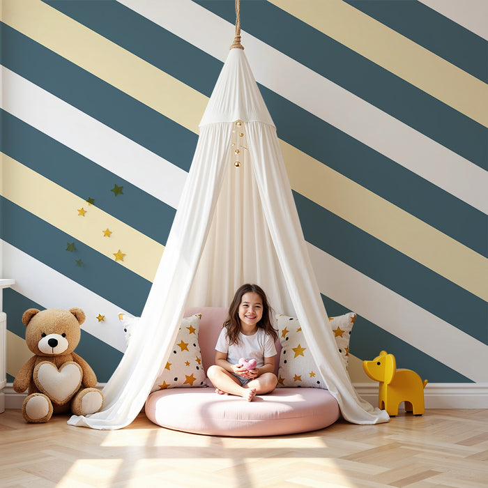 Papier peint chambre bébé | Rayures modernes en bleu et beige
