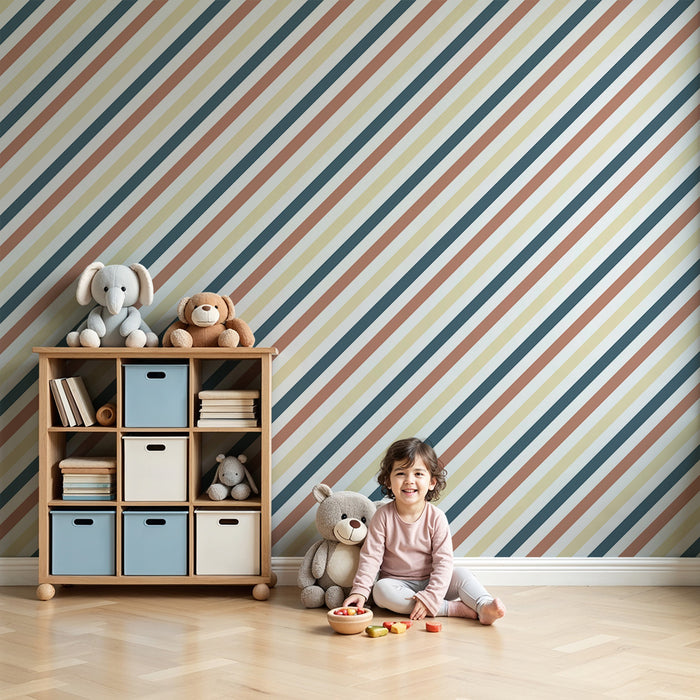 Papier peint chambre bébé | Rayures modernes en terracotta et bleu marine