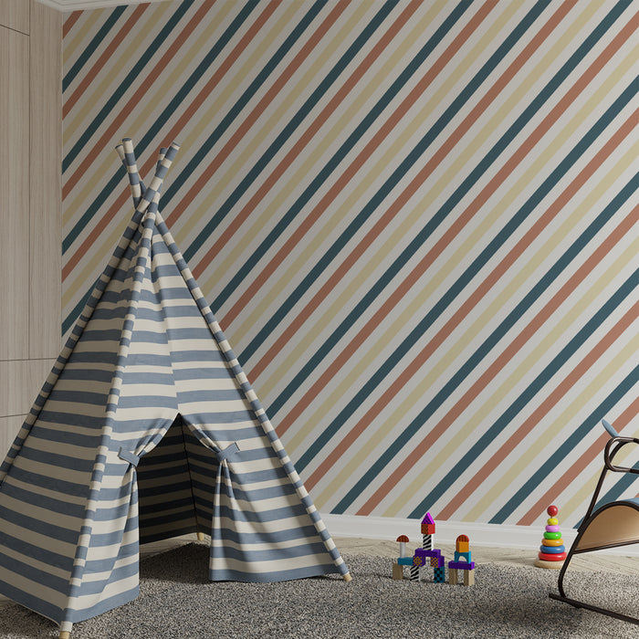 Papier peint chambre bébé | Rayures modernes en terracotta et bleu marine