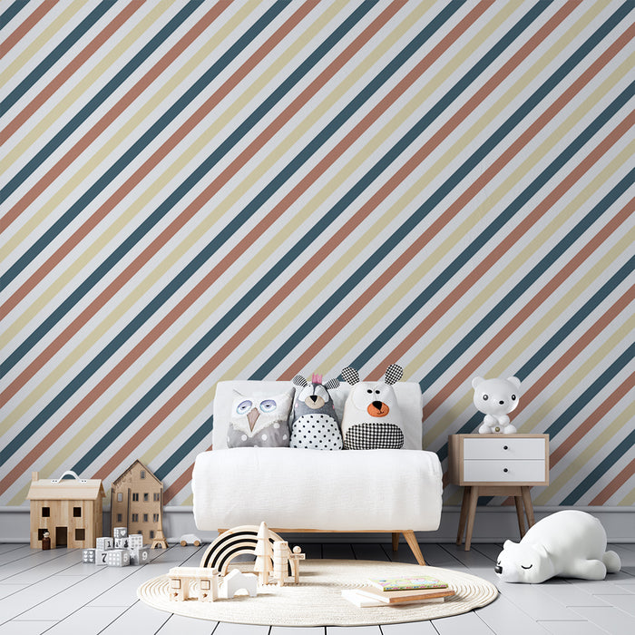 Papier peint chambre bébé | Rayures modernes en terracotta et bleu marine