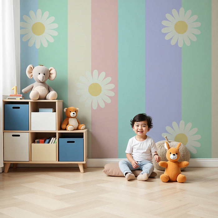 Papel de parede quarto bebê | Listras pastel com margaridas em flor