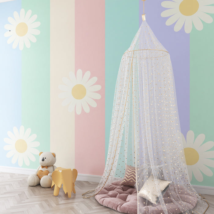 Papel de parede quarto bebê | Listras pastel com margaridas em flor
