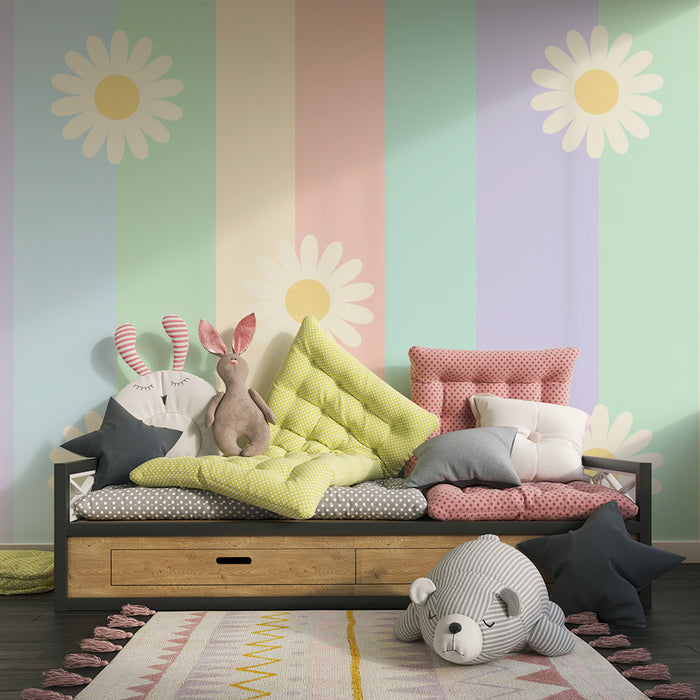 Papel de parede quarto bebê | Listras pastel com margaridas em flor