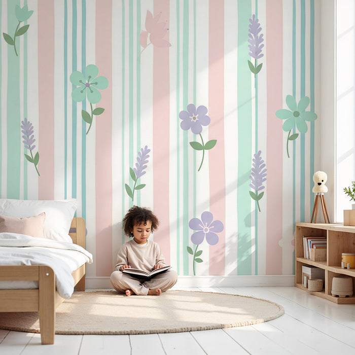 Babykamerbehang | Pastel strepen met bloemen