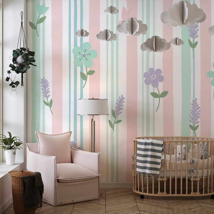 Babykamerbehang | Pastel strepen met bloemen