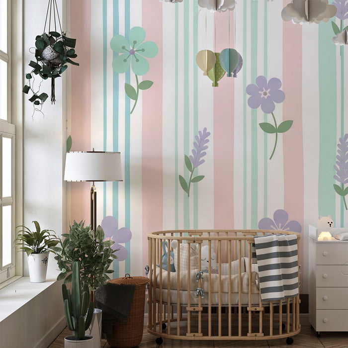 Babykamerbehang | Pastel strepen met bloemen