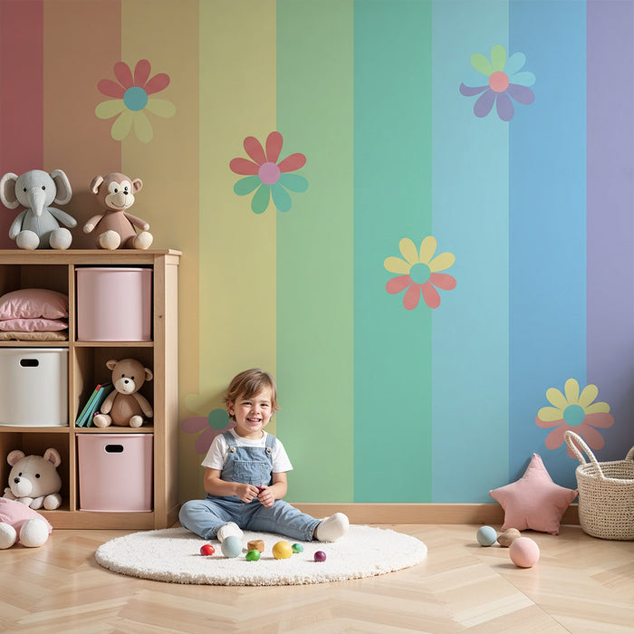 Babyzimmer-Tapete | Pastellstreifen mit bunten Blüten