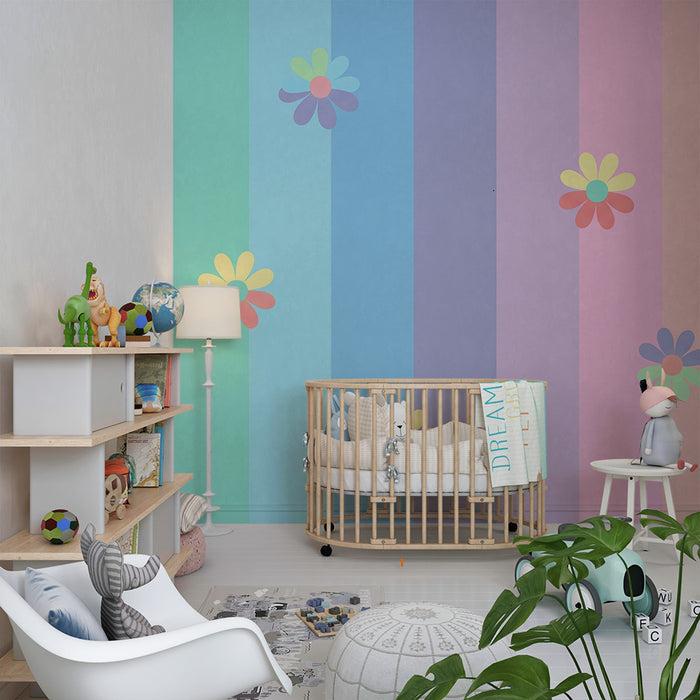 Babyzimmer-Tapete | Pastellstreifen mit bunten Blüten
