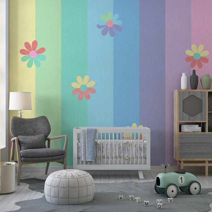 Babyzimmer-Tapete | Pastellstreifen mit bunten Blüten