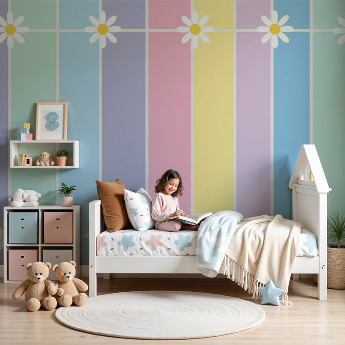 Babyzimmer-Tapete | Pastellstreifen mit Margeriten