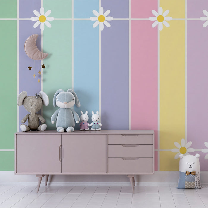 Babyzimmer-Tapete | Pastellstreifen mit Margeriten