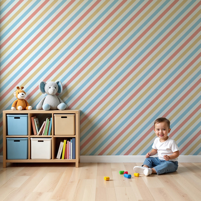 Papier peint chambre bébé | Rayures pastel douces en bleu, rose et beige