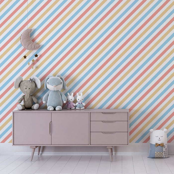 Papier peint chambre bébé | Rayures pastel douces en bleu, rose et beige