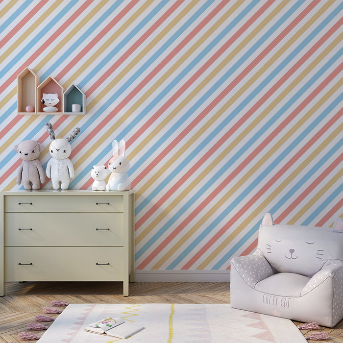 Papier peint chambre bébé | Rayures pastel douces en bleu, rose et beige